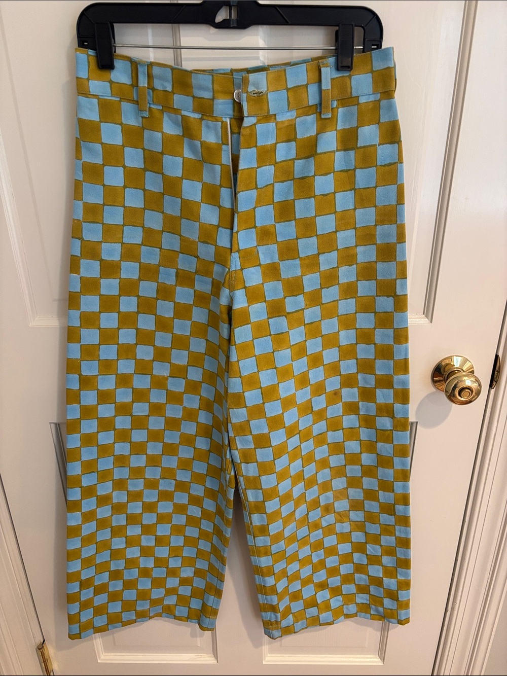 Wide-Leg Checkerboard Pants in Blue and Olive